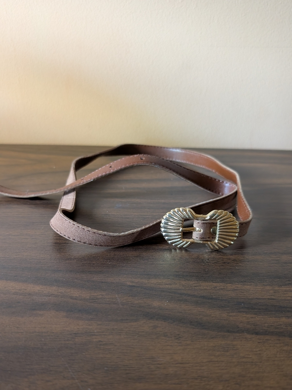 Brown Faux Suede Women's Belt with Gold Decorative Buckle